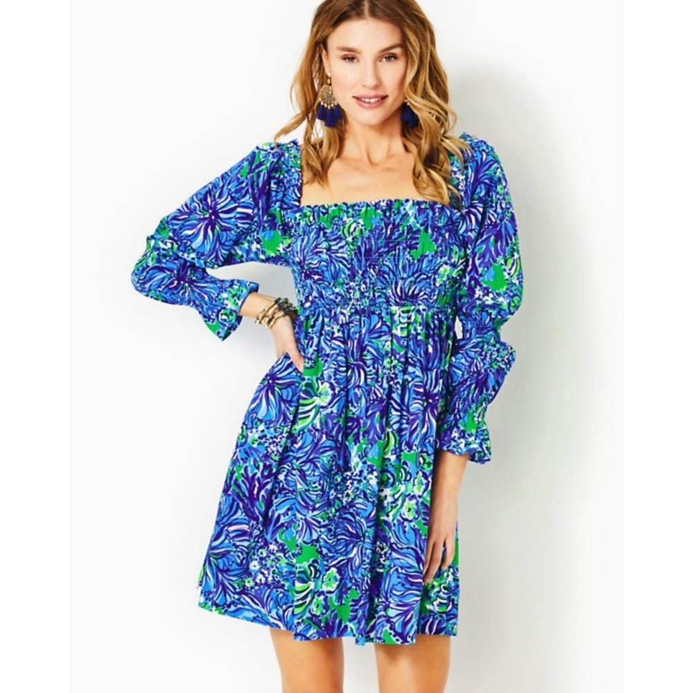 NWT $198 Lilly Pulitzer Beyonca Smocked Dress Abaco Blue in Turtle Awe Size XL